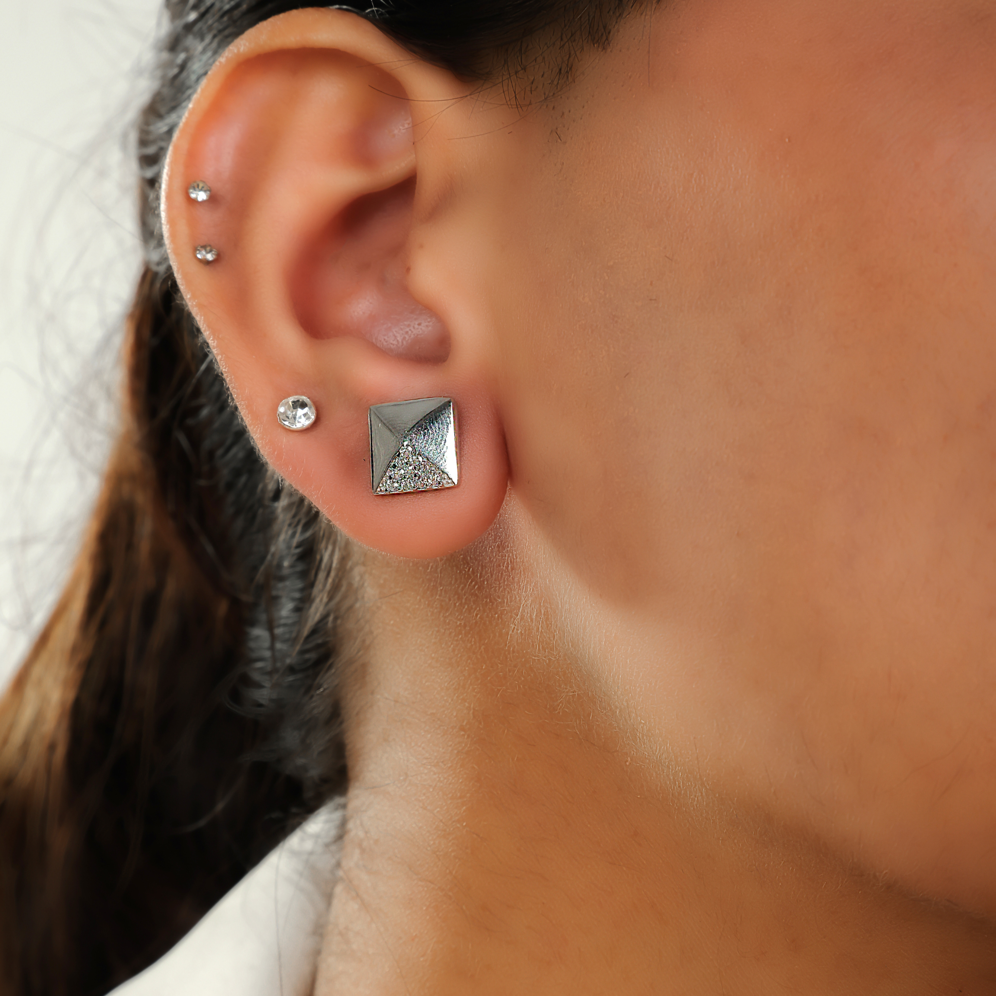 Stylish Pyramid Square Shape Stud Earrings, Hallmarked 925 Sterling Silver